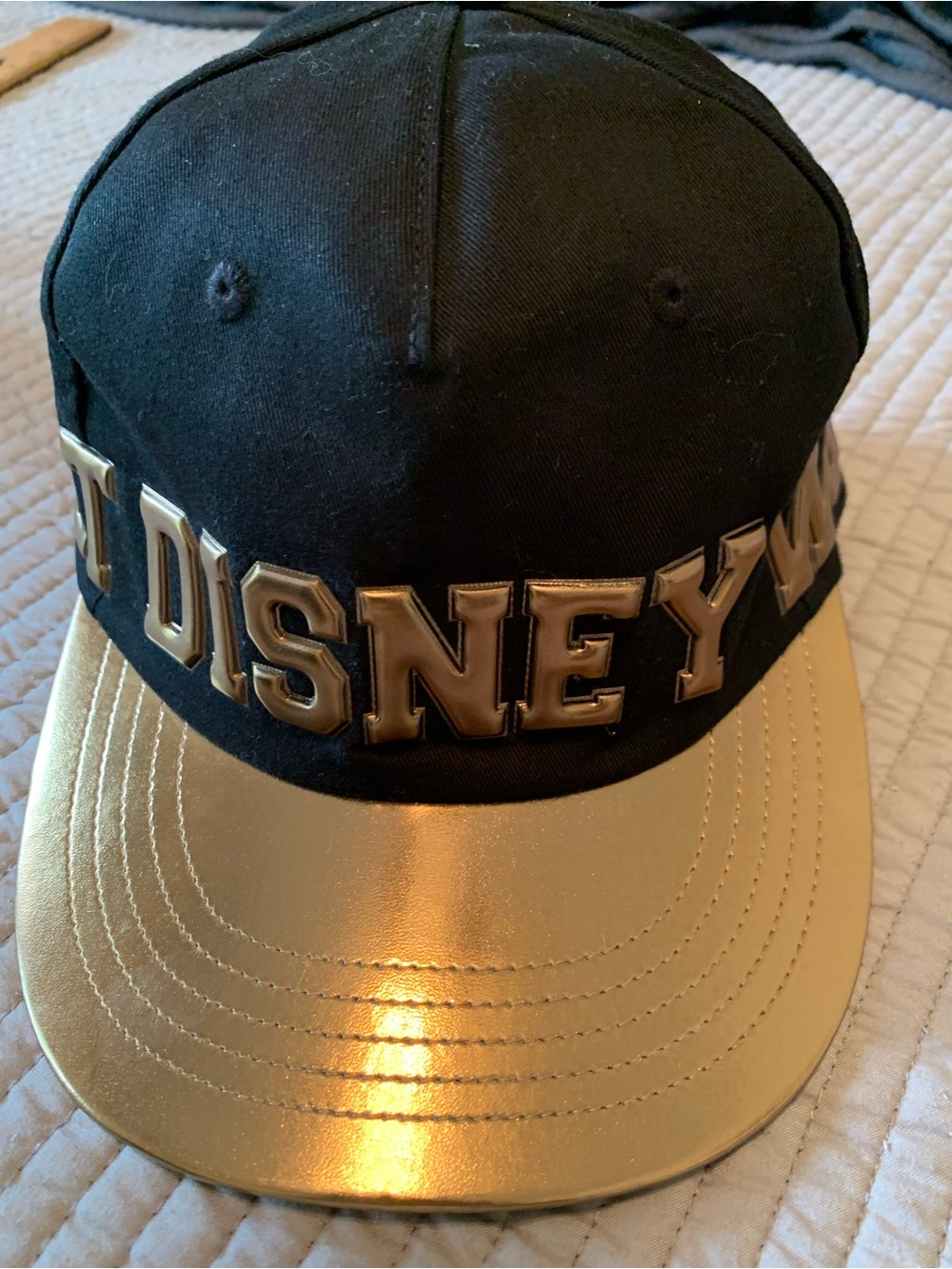 WALT DISNEY WORLD HAT CAP BLACK & GOLD PUFFY LETTERS New only stored